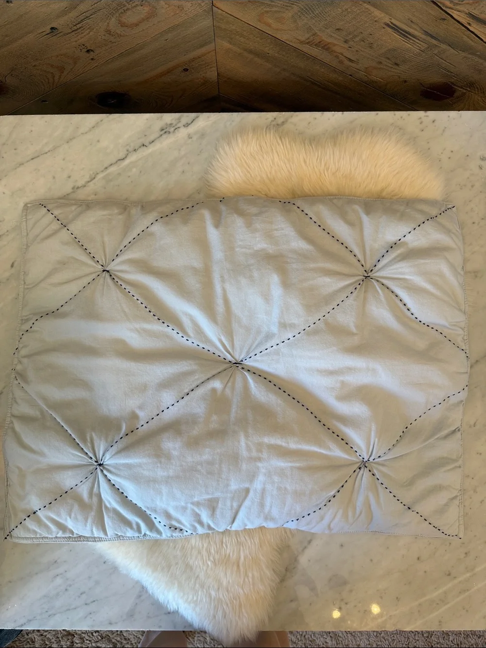 West Elm Light Blue Pintuck Shams with Navy Stitching